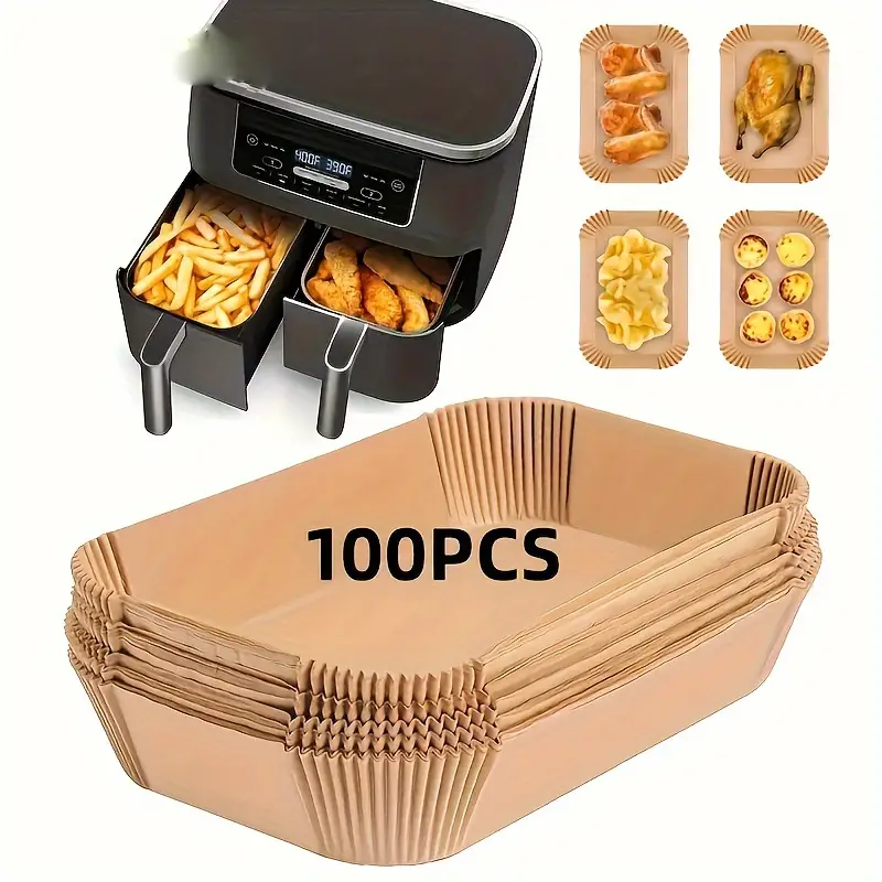 Lot de 100 feuilles de papier sulfurisé jetables pour friteuse à air comprimé, non chargées, rectangulaires, résistantes à l'huile et à l'eau, antiadhésives pour un démoulage facile des aliments, compatibles avec les friteuses à air comprimé Ninja Dual Basket et autres modèles 2 Lot de 100 feuilles de papier sulfurisé jetables pour friteuse à air comprimé, non chargées, rectangulaires, résistantes à l'huile et à l'eau, antiadhésives pour un démoulage facile des aliments, compatibles avec les friteuses à air comprimé Ninja Dual Basket et autres modèles