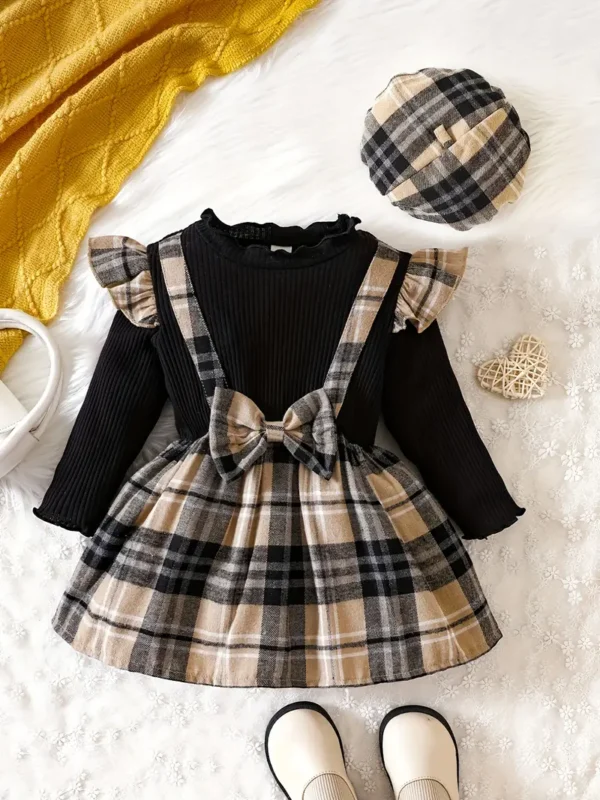 Robe à manches longues en imitation deux pièces pour bébé, motif à carreaux décontracté, robe pour bébé et petite fille