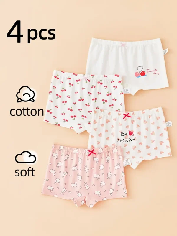 Lot de 4 slips en coton imprimés cerises, cœurs et lapins pour fille, culottes à motif dessin animé, ensemble de sous-vêtements doux et confortables, pour toutes les saisons