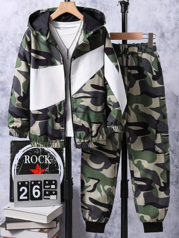 Ensemble 2 pièces camouflage à capuche et pantalon de jogging pour garçon, sweat-shirt à capuche décontracté à manches longues et pantalon de jogging, idéal pour un usage quotidien et en extérieur