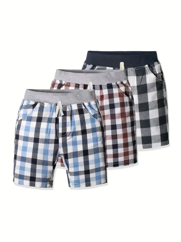 Lot de 3 culottes classiques à carreaux confortables et créatifs pour garçons, shorts décontractés pour l'été en plein air