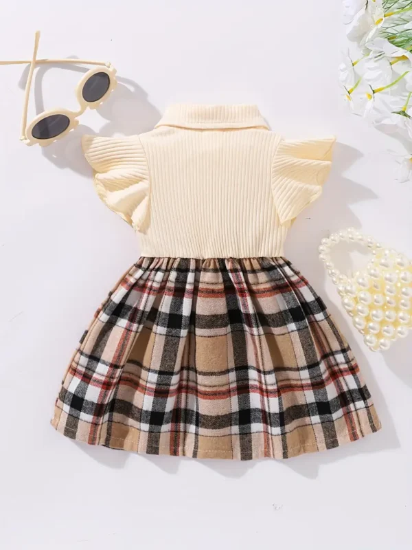 Robe décontractée à carreaux avec nœud papillon et manches flottantes pour fille, robe à coutures tendance, vêtements d'été en coton pour tout-petits et enfants - Image 2