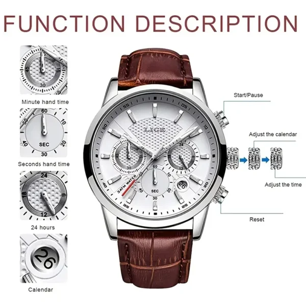 Montres Homme 2024 LIGE Top Marque Luxe, Casual Cuir Quartz Montre Homme, Horloge D'affaires Homme Sport Date Chronographe - Image 11