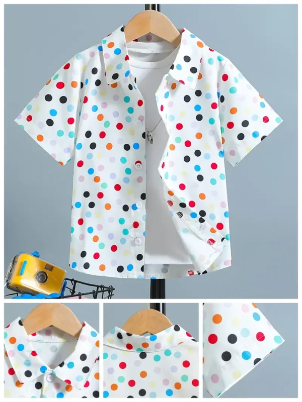 Chemise créative à pois colorés pour garçons Chemise créative à pois colorés pour garçons, hauts décontractés à manches courtes et revers, vêtements pour garçons pour l'été en plein air 13 octobre 2024 Kotazando