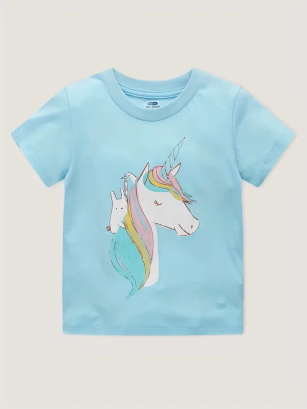 8 pièces, 100 % coton, motif licorne de dessin animé, imprimé lettres, col ras du cou, doux, respirant, manches courtes, tendance, confortable, vêtements pour filles - Image 5