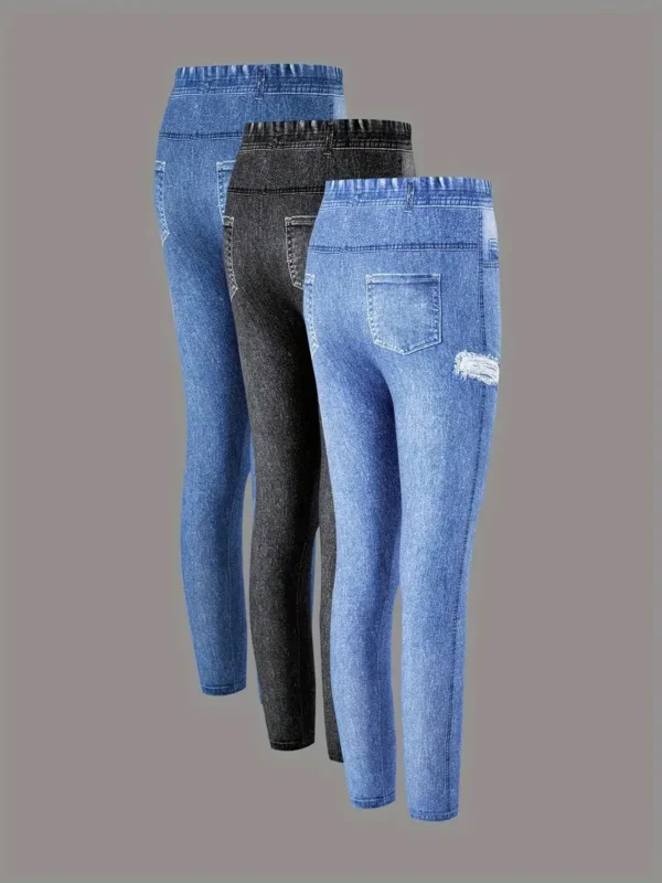 Leggings 3 pièces pour filles, ajustés et extensibles, motif imitation denim, pour le printemps et l'automne – Image 2
