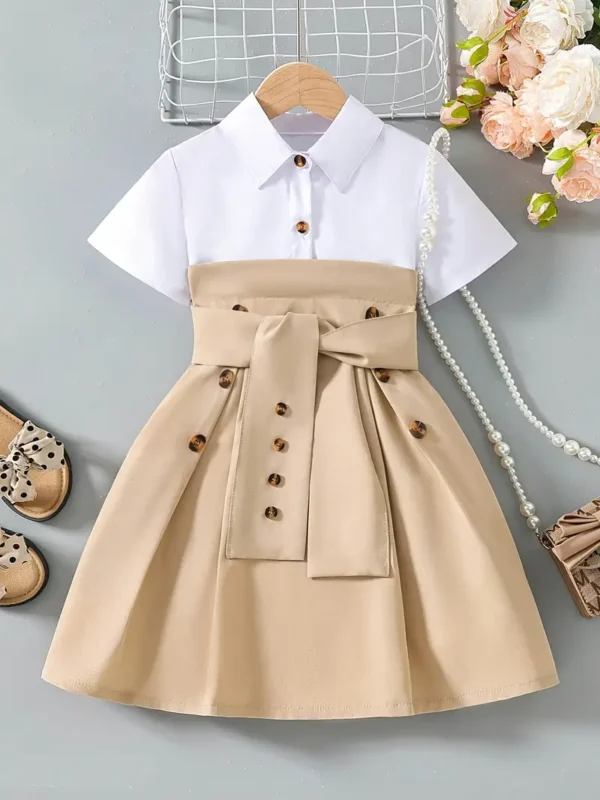 Robe chemise élégante à manches courtes en patchwork pour filles, robes décontractées pour les vacances