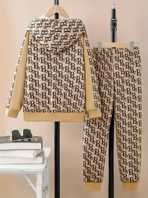 Ensemble de pantalons décontractés à manches longues pour enfants avec fermeture éclair, imprimé alphabet, tissu en polyester doux – Image 2