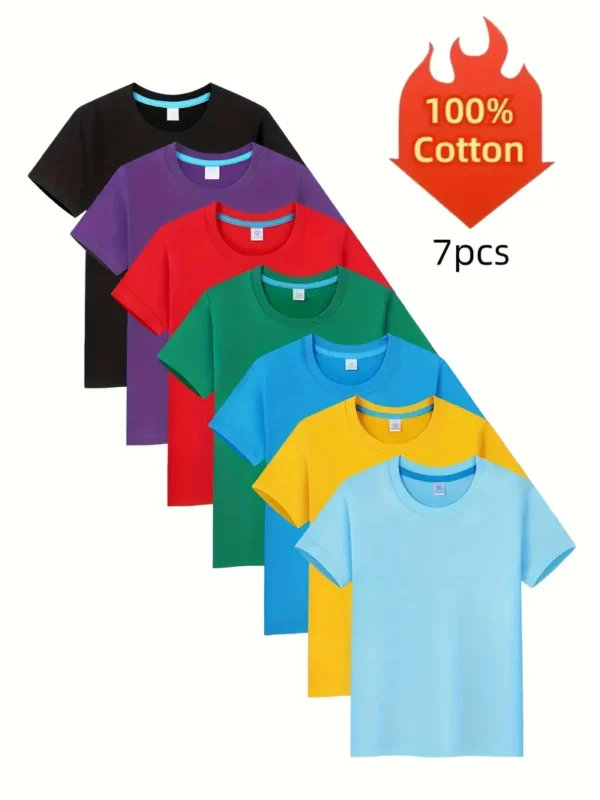 Lot de 7 t-shirts 100 % coton pour enfants - T-shirts unisexes à col ras du cou de couleur unie, hauts décontractés à manches courtes pour garçons et filles