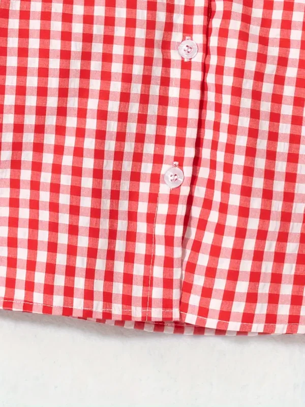 Chemise à manches longues à carreaux rouge et blanc chic pour filles, Chemisier décontracté en polyester avec col en dentelle, lavable en machine – Image 6
