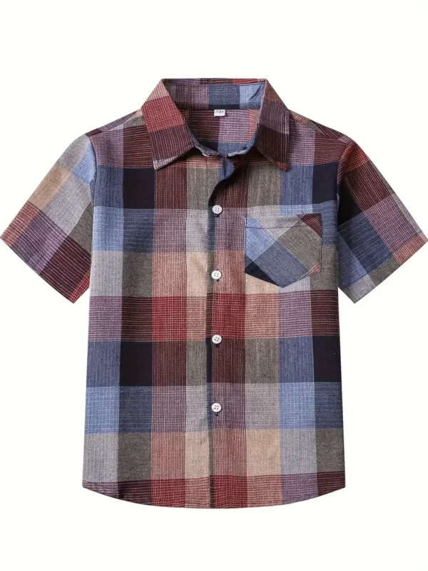 Chemise boutonnée décontractée à carreaux pour garçons, haut d'été confortable à manches courtes – Image 13