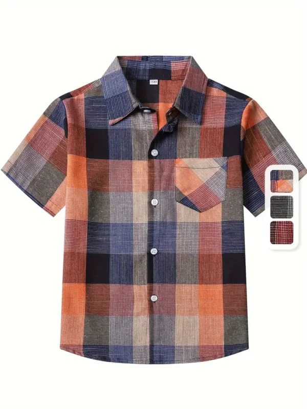 Chemise boutonnée décontractée à carreaux pour garçons, haut d'été confortable à manches courtes