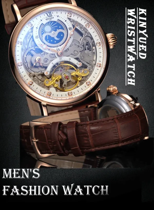 Montre Homme Homme Montre Homme Homme, Montre Homme Creuse Double Face, Montre Mécanique Automatique, Tourbillon Mode Fonction Deux Heures Strass, Lumineux Étanche, Bracelet Cuir PU Montre, Choix Idéal pour Cadeaux 4 octobre 2024 Kotazando