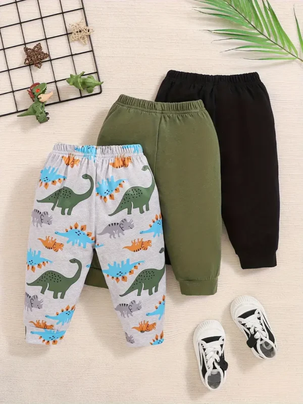 Coviviky Lot de 3 pantalons pour bébé garçon avec imprimé dinosaure et couleurs unies, pantalon décontracté en tissu tricoté légèrement extensible – Image 2