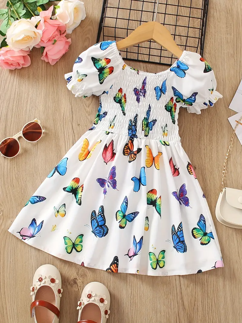 Robe de princesse à manches bouffantes et volants pour petite fille, motif papillon coloré, pour les fêtes, les vacances à la plage, les vêtements d'été romantiques pour enfants 2 Robe de princesse à manches bouffantes et volants pour petite fille, motif papillon coloré, pour les fêtes, les vacances à la plage, les vêtements d'été romantiques pour enfants