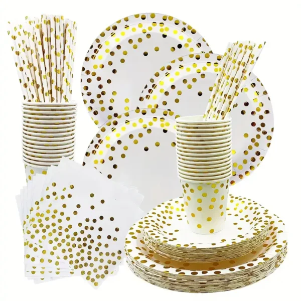 Lot de 42 gobelets et assiettes en papier blanc à pois dorés pour fêtes d'anniversaire Lot de 42 gobelets et assiettes en papier blanc à pois dorés pour fêtes d'anniversaire, mariages et événements octobre 22, 2024 Kotazando