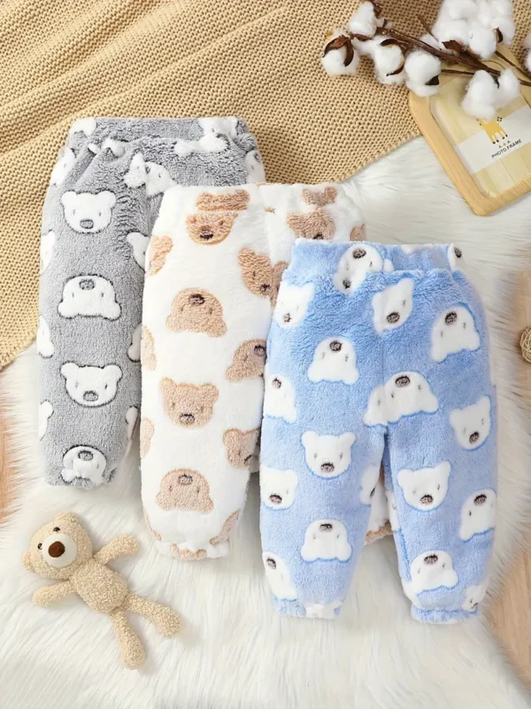 Lot de 3 pantalons pour bébé garçon en peluche avec imprimé chat, tissu extensible en polyester doux, coupe standard