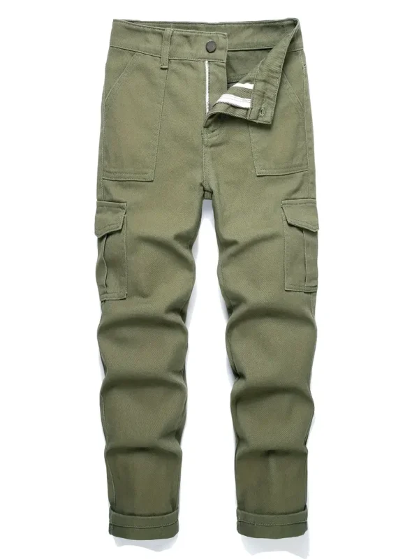 Pantalon cargo en denim multi-poches pour garçons, coton, pantalon décontracté de couleur unie, vêtements confortables toutes saisons