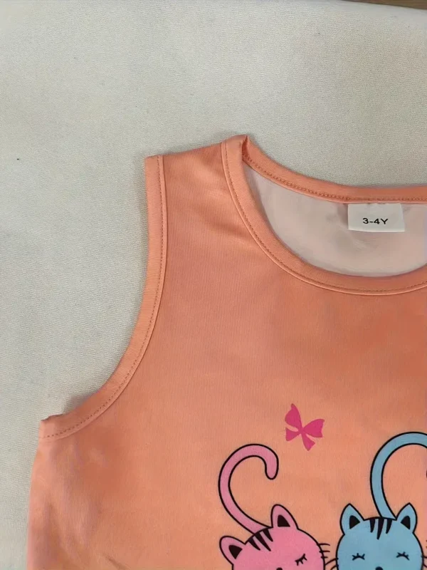 Ensemble de 3 tenues mignonnes pour fille avec motif de dessin animé, débardeur et short à imprimé chaton, fraise et panda, Idéal pour les sorties décontractées d'été – Image 7