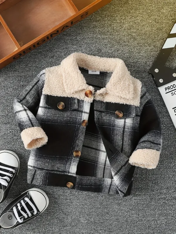 Manteau à manches longues en polaire pour bébé garçon, élégant, à carreaux, à simple boutonnage, à revers, pour le printemps et l'automne