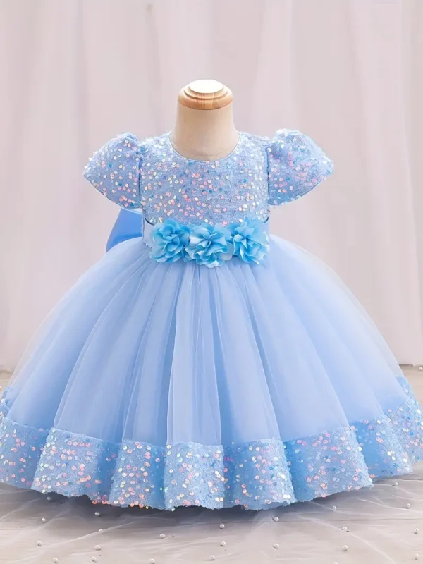 Robe tutu à manches courtes bouffantes avec décor de fleurs à paillettes pour filles, vêtements de fête de Noël