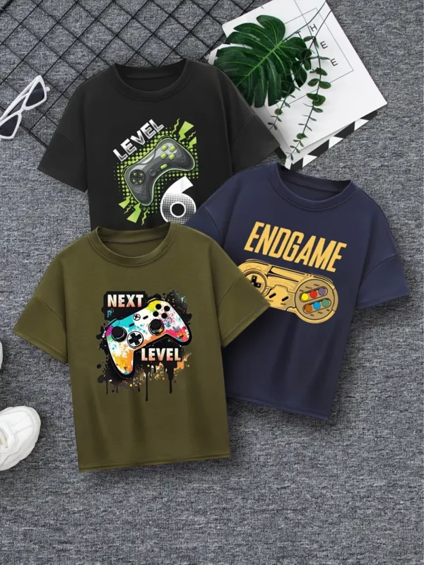 Lot de 3 t-shirts à manches courtes tendance avec imprimé manette de jeu, Visuels attrayants, décontractés pour garçons - Vêtements d'été cool, légers et confortables