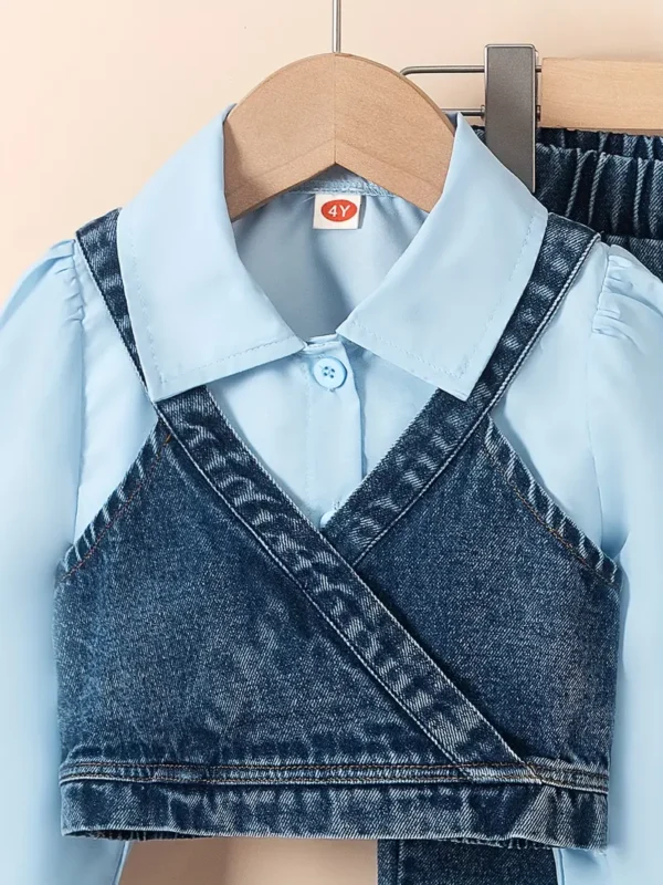 Ensemble 3 pièces pour fille, haut élégant de couleur unie avec col, barboteuse courte en jean tendance avec ornements et jean en tissu tissé avec détails à franges, mélange de polyester, mélange de coton - Image 4