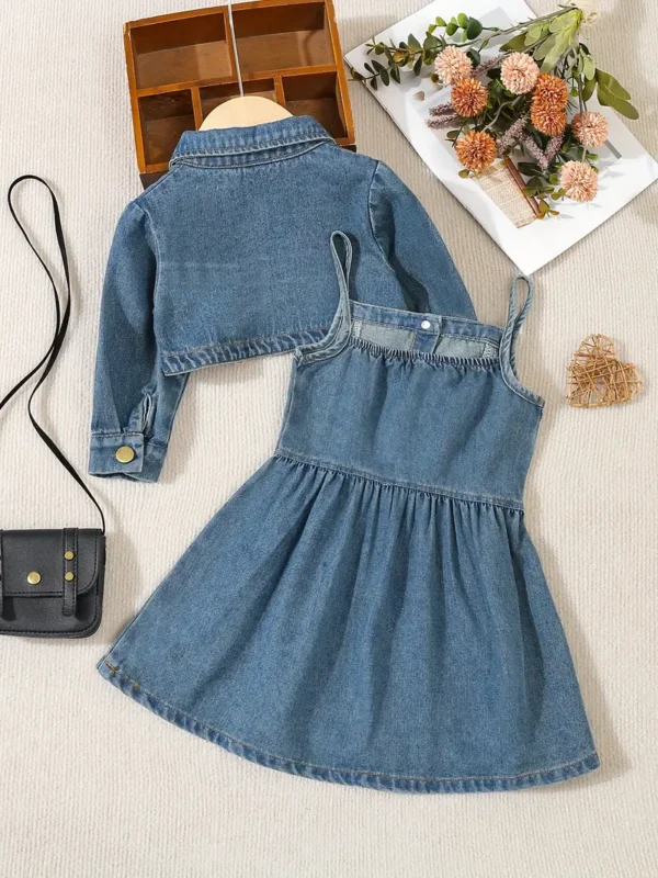 Ensemble 2 pièces en denim tendance pour bébé, cardigan à col rabattu + robe d'été à boutons, ensemble de vêtements pour tout-petits – Image 4