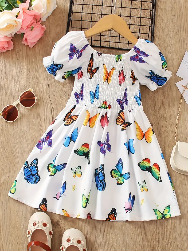 Robe de princesse à manches bouffantes et volants pour petite fille, motif papillon coloré, pour les fêtes, les vacances à la plage, les vêtements d'été romantiques pour enfants 5 Robe de princesse à manches bouffantes et volants pour petite fille, motif papillon coloré, pour les fêtes, les vacances à la plage, les vêtements d'été romantiques pour enfants – Image 4