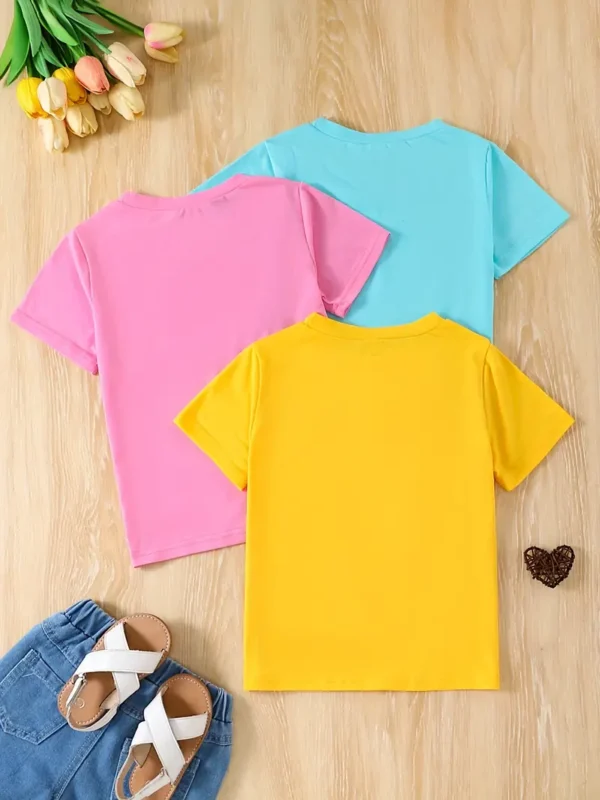 Ensemble de 3 pièces pour filles, imprimé graphique de chatons de dessin animé, t-shirts à manches courtes décontractés et confortables pour le printemps et l'été - Image 5