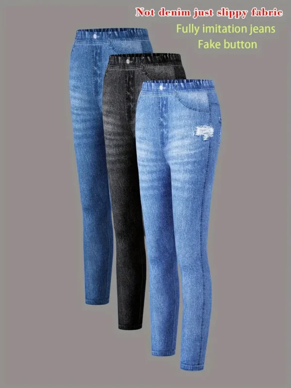 Leggings 3 pièces pour filles, ajustés et extensibles, motif imitation denim, pour le printemps et l'automne