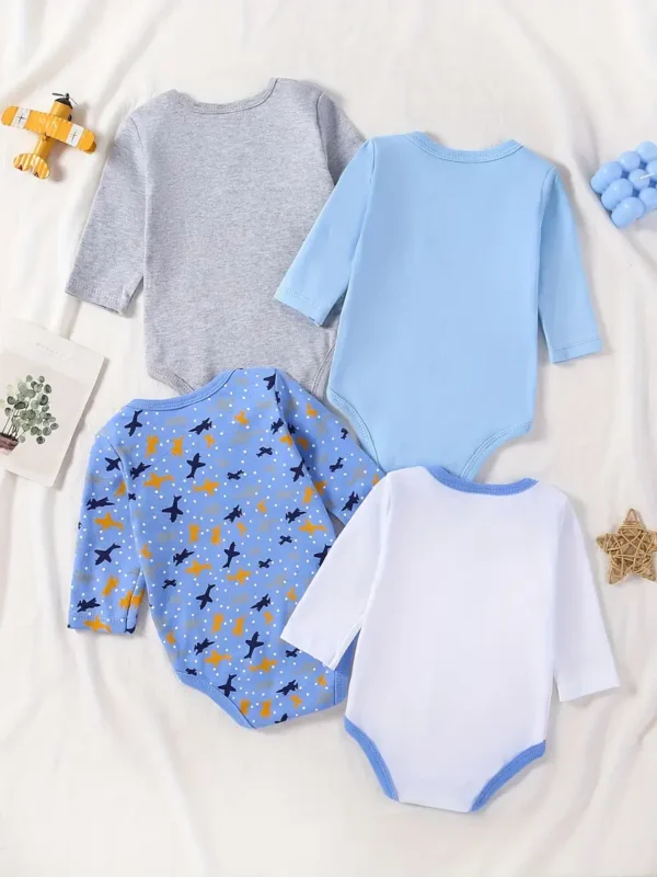 Lot de 4 bodies en coton pour bébé garçon avec col ras du cou et manches longues – Image 5