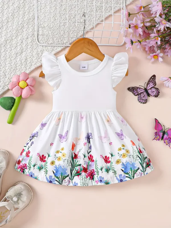 Robe pour bébé fille, robe à manches volantes avec imprimé fleur et papillon, vêtements pour bébé pour l'été - Image 3