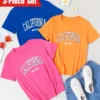 T-shirt d'été décontracté à manches courtes pour enfants, imprimé alphabet, mélange de polyester doux, coupe décontractée, lavable en machine, ensemble 3 pièces pour garçons et filles