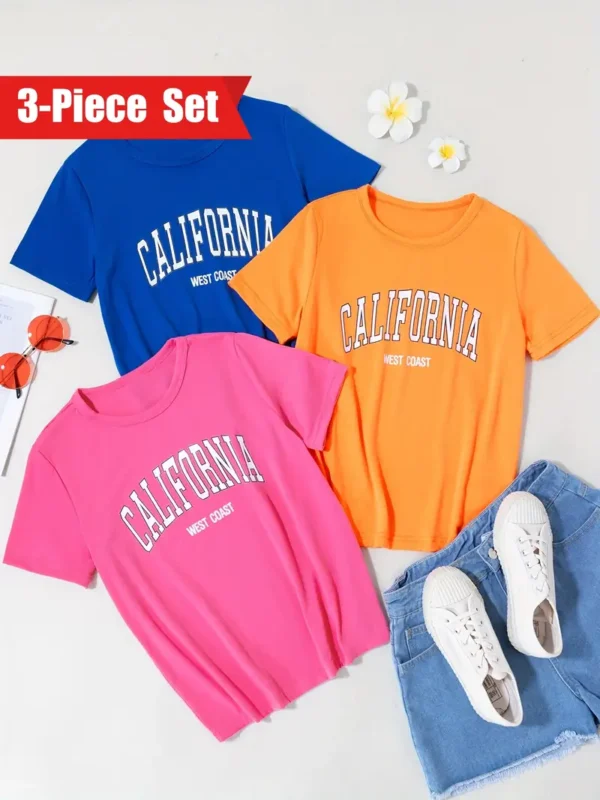 T-shirt d'été décontracté à manches courtes pour enfants, imprimé alphabet, mélange de polyester doux, coupe décontractée, lavable en machine, ensemble 3 pièces pour garçons et filles