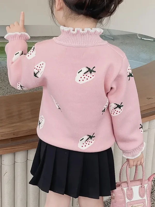 Pull à col en laitue pour filles, motif fraise, pull épais à manches longues avec doublure thermique, chaud et confortable – Image 2