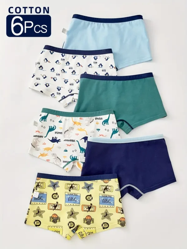 Lot de 6 boxers en coton pour garçon avec motifs de dessins animés mignons, Coupe extensible confortable, tissu tricoté, mélange d'élasthanne, type de coupe standard pour enfants de 12 ans et moins, Shorts de sous-vêtements toutes saisons - Image 2