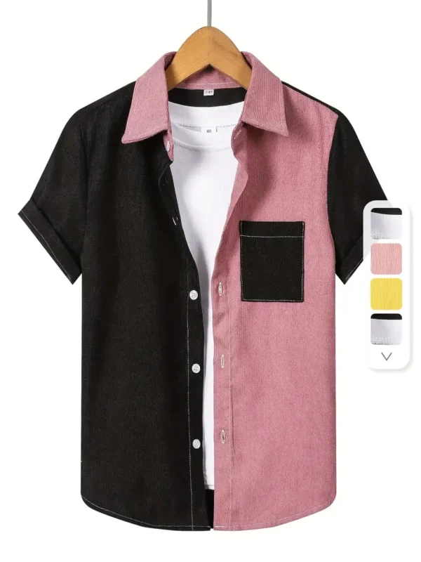 Chemise créative à blocs de couleurs pour garçons, hauts décontractés à manches courtes et revers, vêtements pour garçons pour l'été en plein air
