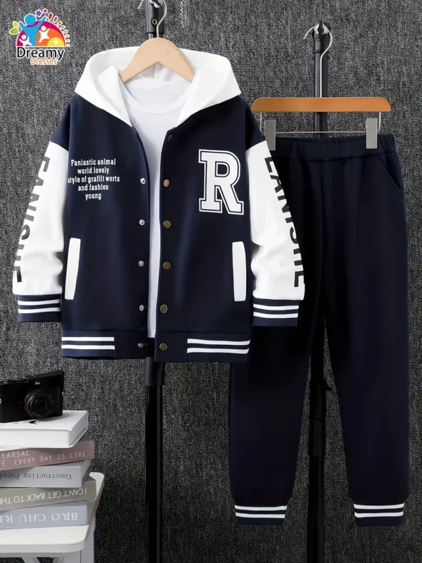 Ensemble de baseball à capuche à manches longues et pantalon de jogging à imprimé lettre tendance, ensemble 2 pièces décontracté et polyvalent pour garçons