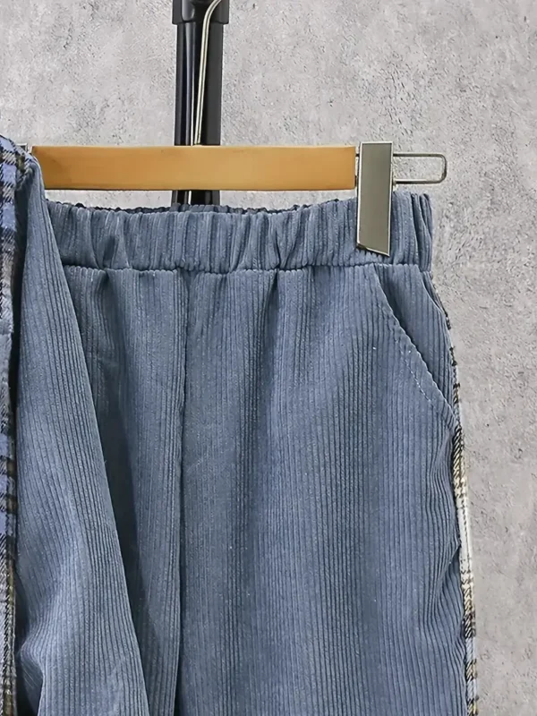 Ensemble sweat à capuche et jogging à carreaux pour garçon, Tenue décontractée en velours côtelé avec poches – Image 5
