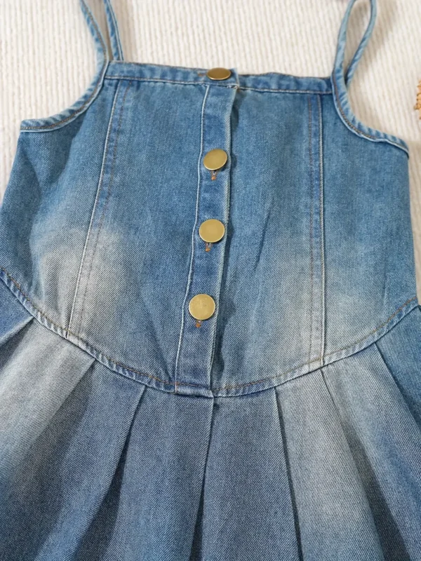 Ensemble 2 pièces en denim tendance pour bébé, cardigan à col rabattu + robe d'été à boutons, ensemble de vêtements pour tout-petits – Image 6