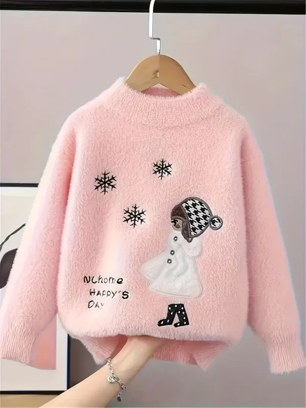 Pull à motif brodé Sweet Portrait pour filles, pull-over décontracté en tricot à col ras du cou pour filles