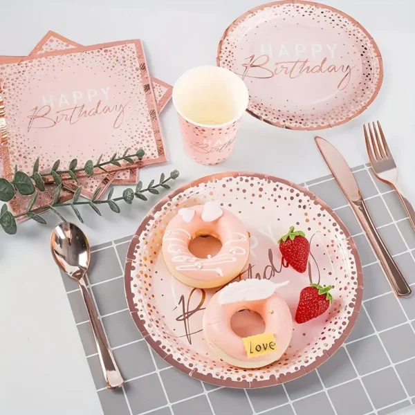 Ensemble de fête d'anniversaire élégant de 84 pièces, Assiettes jetables roses et roses dorées, serviettes, fourchettes, couteaux, cuillères pour 12 invités, Parfait pour Halloween, Noël, Pâques, Thanksgiving – Image 3