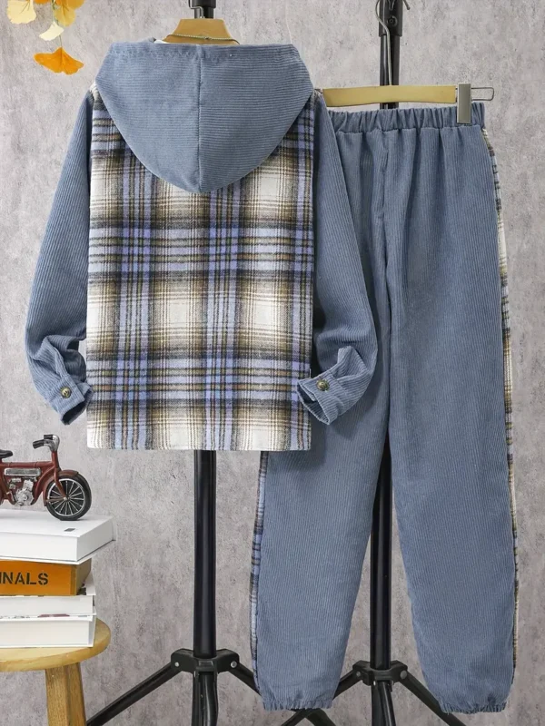 Ensemble sweat à capuche et jogging à carreaux pour garçon, Tenue décontractée en velours côtelé avec poches – Image 2