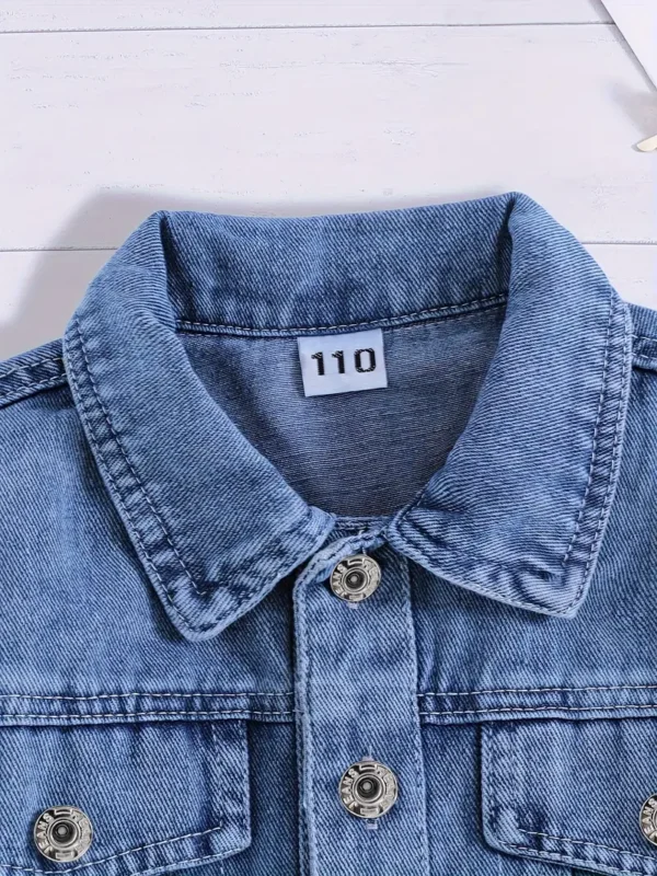Jacket en jean décontractée pour enfants avec broderie de lapin de dessin animé au dos, col à revers, manches longues à épaules tombantes – Image 2