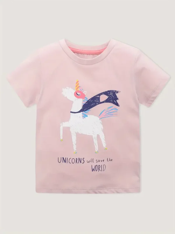 8 pièces, 100 % coton, motif licorne de dessin animé, imprimé lettres, col ras du cou, doux, respirant, manches courtes, tendance, confortable, vêtements pour filles - Image 7