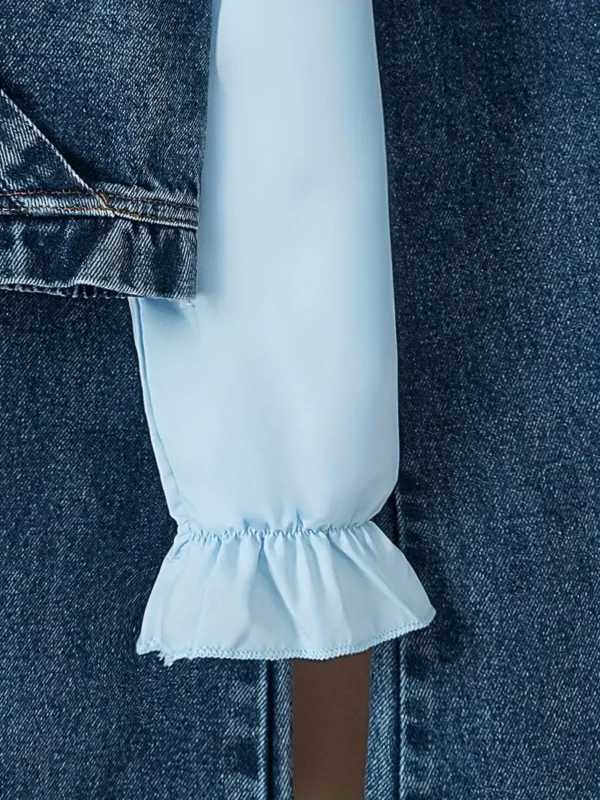 Ensemble 3 pièces pour fille, haut élégant de couleur unie avec col, barboteuse courte en jean tendance avec ornements et jean en tissu tissé avec détails à franges, mélange de polyester, mélange de coton - Image 5