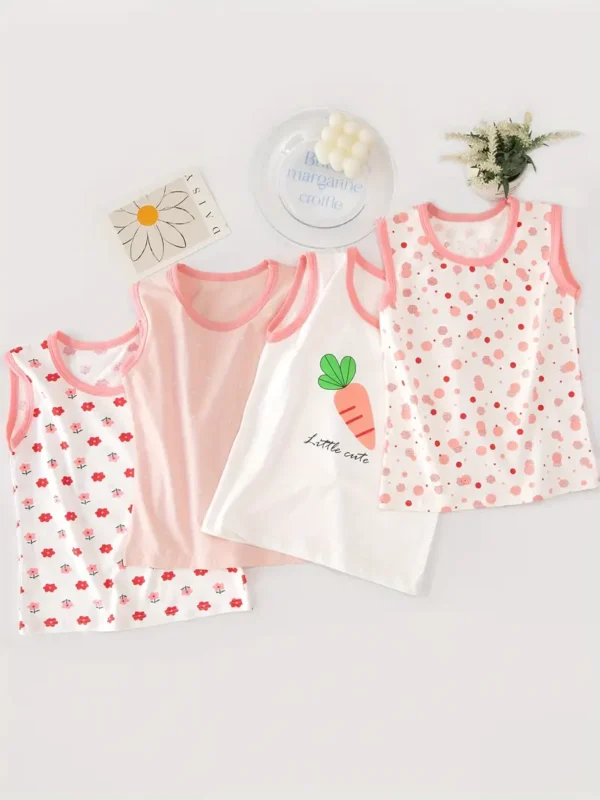 Ensemble de 3 débardeurs en coton respirants et amples à motif carotte/fleurs pour filles pour le printemps et l'été – Image 2