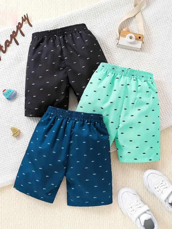 Lot de 3 shorts décontractés à imprimé arêtes de poisson pour garçon, Polyester respirant, lavable en machine, parfait pour l'été en plein air et tenue décontractée, parfait pour l'extérieur – Image 2