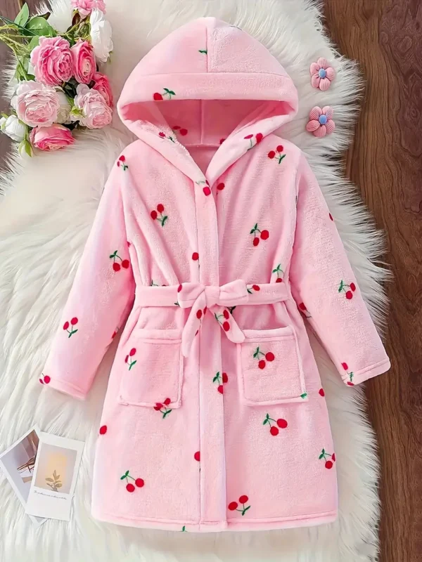Peignoir à capuche en flanelle épaisse à motif de cerises pour fille, Peignoir de nuit chaud et confortable avec ceinture pour un port quotidien